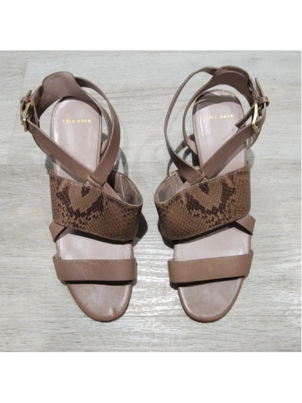 Cole Haan Sandals Womens 7 Brown Leather Wedge Snakeskin Strap Buckle Casual
